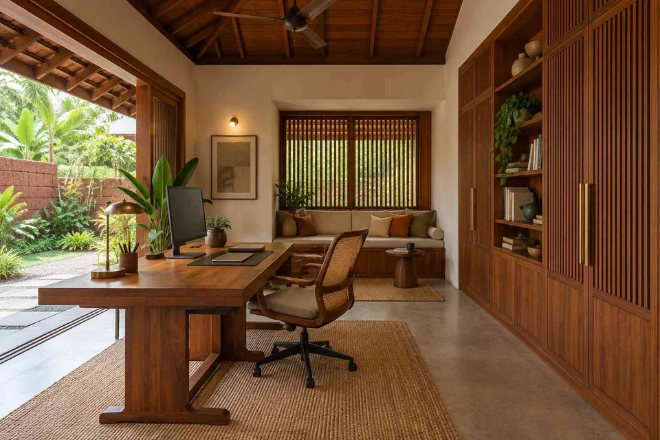AI-generated home office concept: garden studio office, malabar timber direction