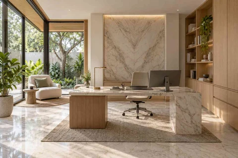AI-generated home office concept: garden studio office, marble restraint direction