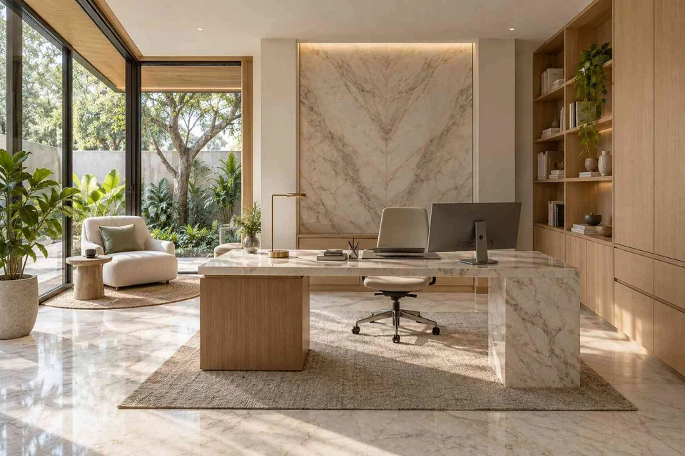 AI-generated home office concept: garden studio office, marble restraint direction