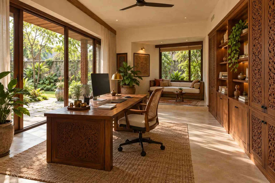 AI-generated home office concept: garden studio office, modern carved direction