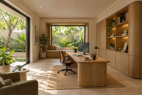 AI-generated home office concept: garden studio office, quiet contemporary direction