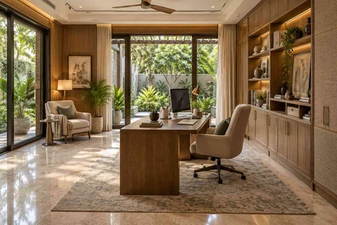 AI-generated home office concept: garden studio office, quiet transitional direction