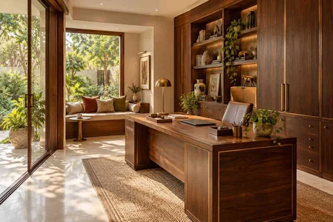 AI-generated home office concept: garden studio office, rosewood brass direction