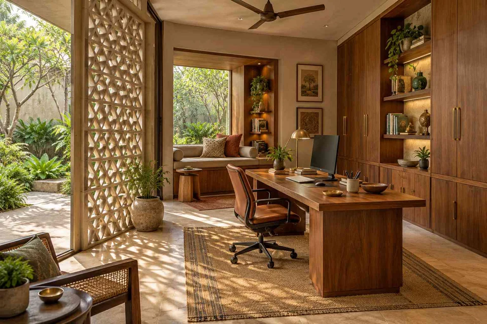 AI-generated home office concept: garden studio office, sandstone lattice direction