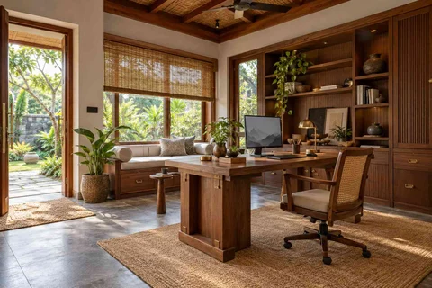 AI-generated home office concept: garden studio office, teak craft direction