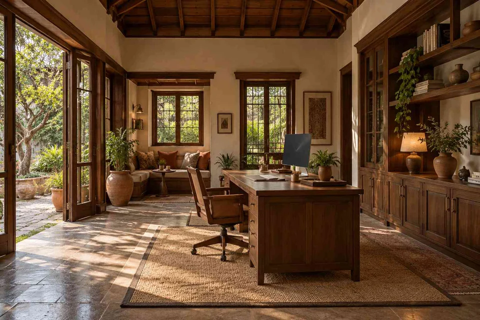AI-generated home office concept: garden studio office, terracotta heritage direction