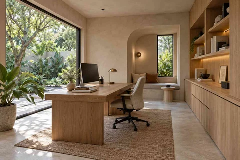 AI-generated home office concept: garden studio office, textured mineral direction