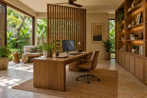 AI-generated home office concept: garden studio office, tropical slatted direction