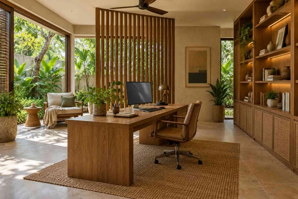 AI-generated home office concept: garden studio office, tropical slatted direction
