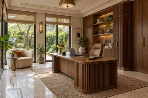 AI-generated home office concept: garden studio office, urban deco direction