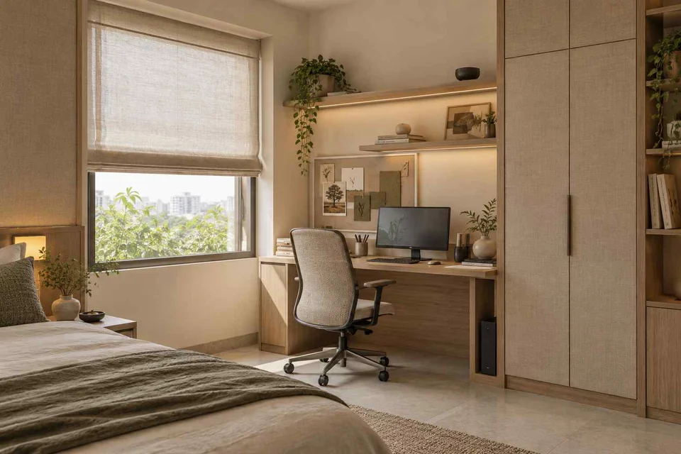 AI-generated home office concept: guest room work corner, ash and linen direction