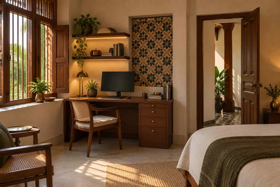 AI-generated home office concept: guest room work corner, chettinad tile direction