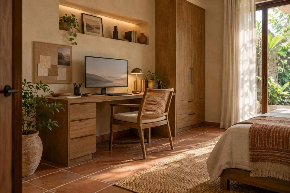 AI-generated home office concept: guest room work corner, clay artisan direction