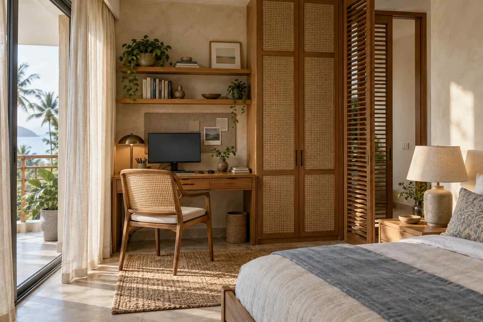 AI-generated home office concept: guest room work corner, coastal woven direction