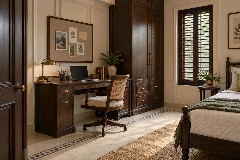 AI-generated home office concept: guest room work corner, colonial quiet direction