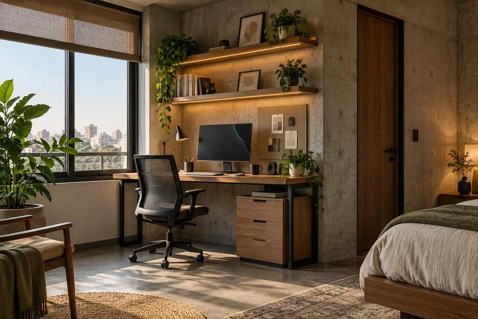 AI-generated home office concept: guest room work corner, concrete and oak direction