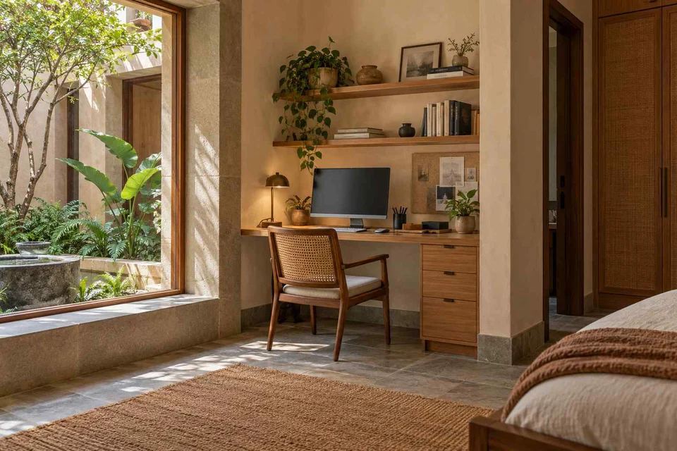 AI-generated home office concept: guest room work corner, courtyard modern direction