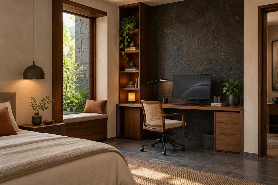 AI-generated home office concept: guest room work corner, deccan stone direction
