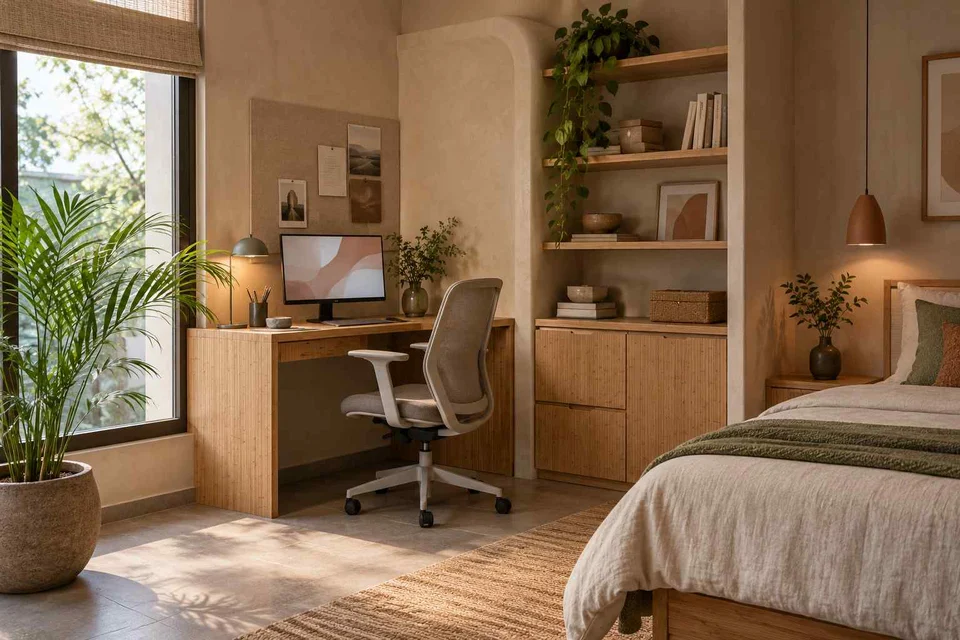 AI-generated home office concept: guest room work corner, earth and bamboo direction