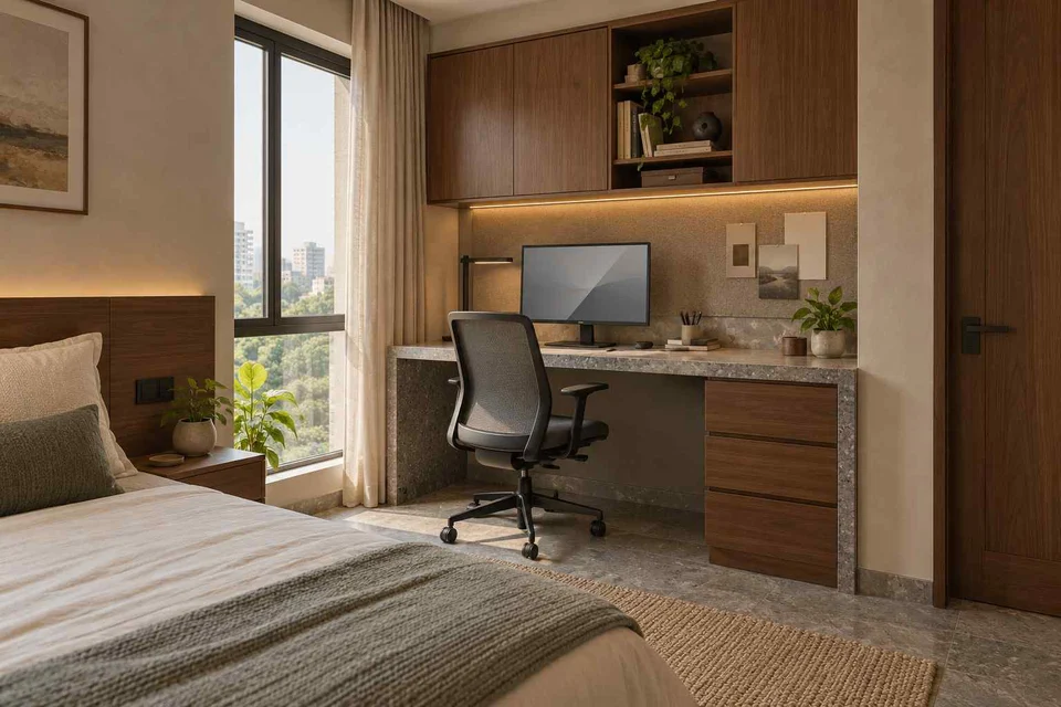 AI-generated home office concept: guest room work corner, granite precision direction