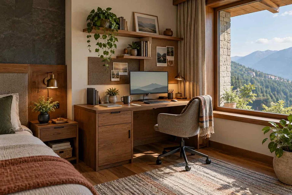 AI-generated home office concept: guest room work corner, hill timber direction