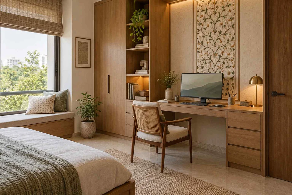 AI-generated home office concept: guest room work corner, inlay atelier direction
