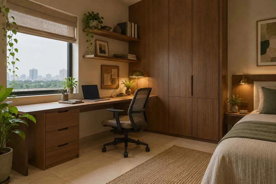 AI-generated home office concept: guest room work corner, lime and walnut direction