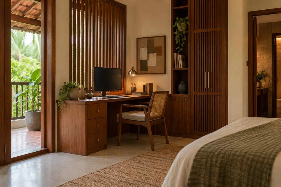 AI-generated home office concept: guest room work corner, malabar timber direction