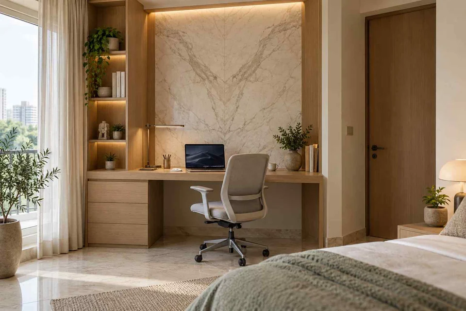 AI-generated home office concept: guest room work corner, marble restraint direction