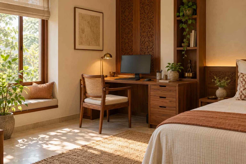 AI-generated home office concept: guest room work corner, modern carved direction