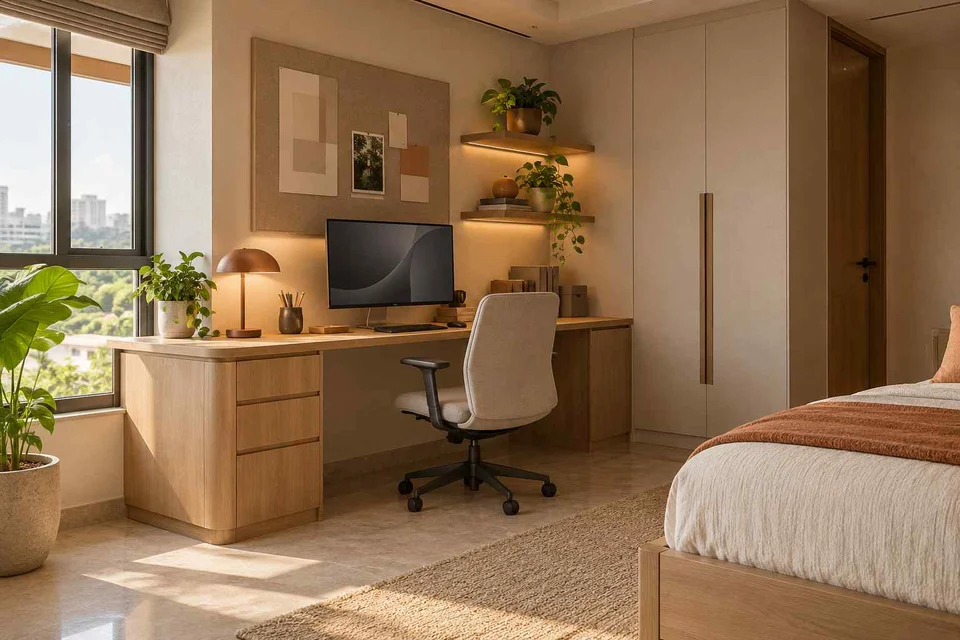 AI-generated home office concept: guest room work corner, quiet contemporary direction