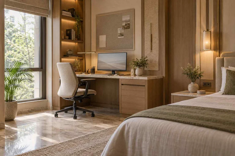 AI-generated home office concept: guest room work corner, quiet transitional direction