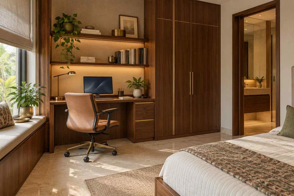 AI-generated home office concept: guest room work corner, rosewood brass direction