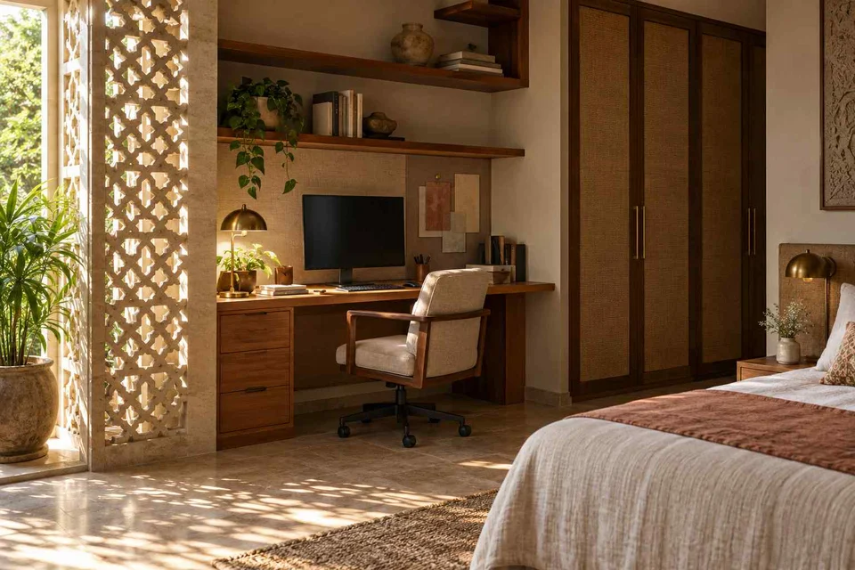 AI-generated home office concept: guest room work corner, sandstone lattice direction