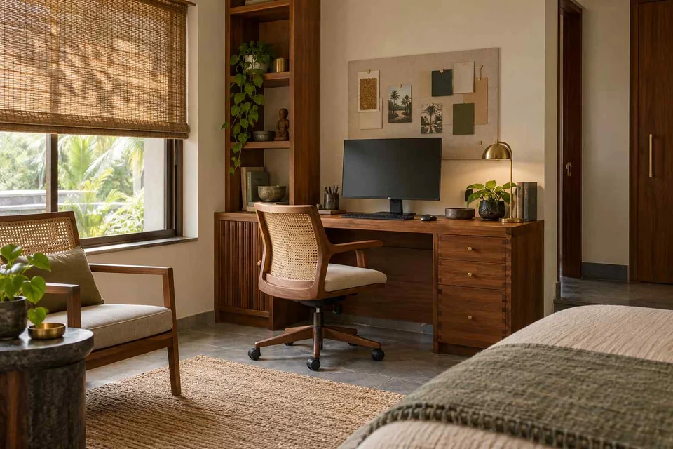 AI-generated home office concept: guest room work corner, teak craft direction