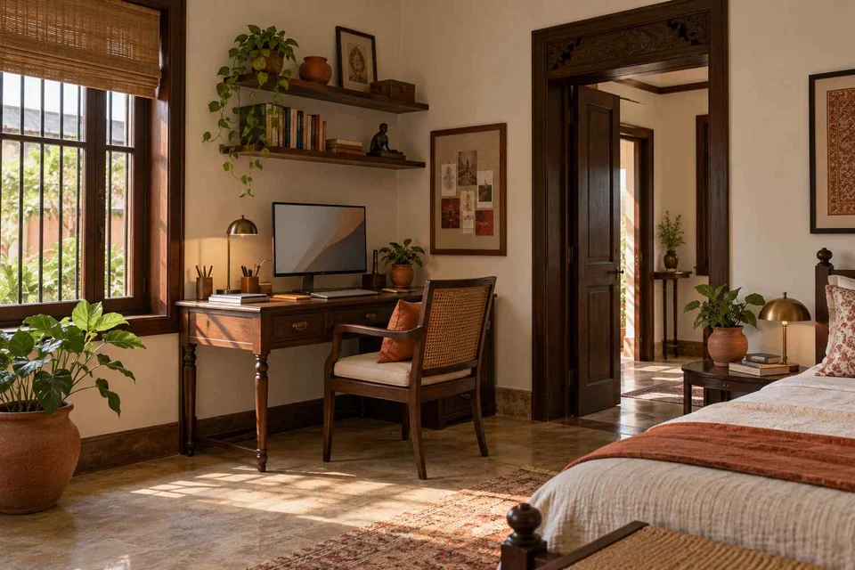 AI-generated home office concept: guest room work corner, terracotta heritage direction