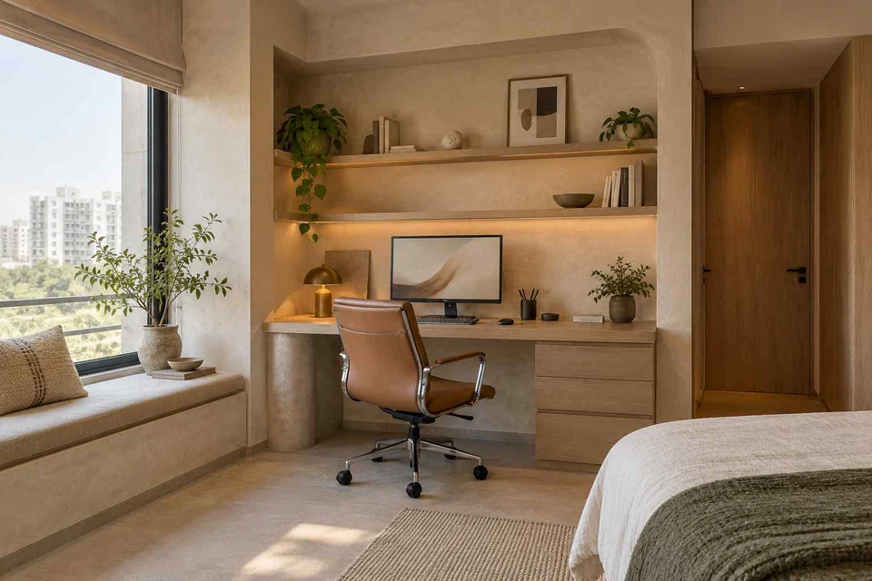 AI-generated home office concept: guest room work corner, textured mineral direction