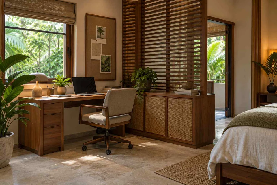 AI-generated home office concept: guest room work corner, tropical slatted direction