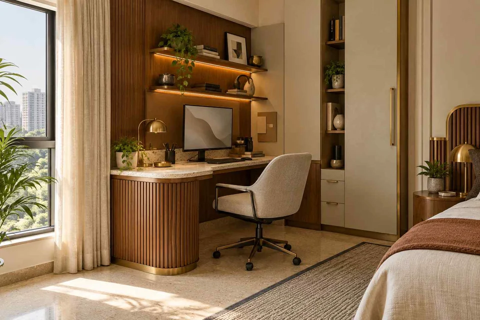 AI-generated home office concept: guest room work corner, urban deco direction