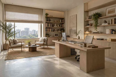 AI-generated home office concept: home library office, ash and linen direction