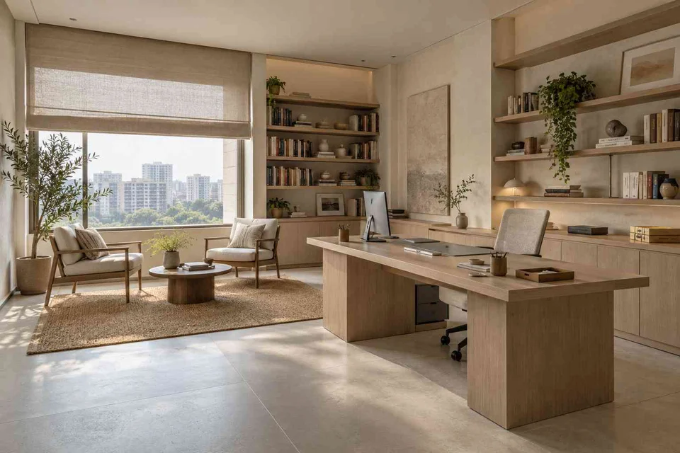 AI-generated home office concept: home library office, ash and linen direction