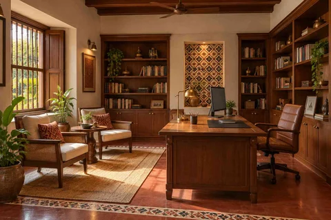 AI-generated home office concept: home library office, chettinad tile direction