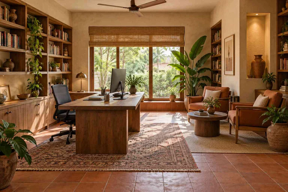 AI-generated home office concept: home library office, clay artisan direction