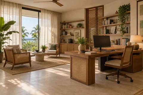 AI-generated home office concept: home library office, coastal woven direction