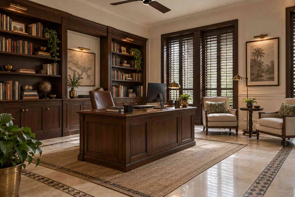 AI-generated home office concept: home library office, colonial quiet direction