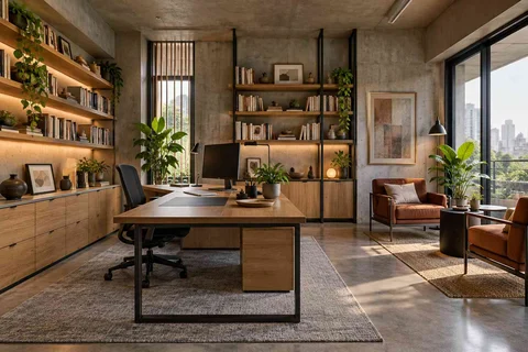 AI-generated home office concept: home library office, concrete and oak direction
