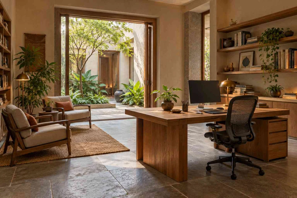 AI-generated home office concept: home library office, courtyard modern direction