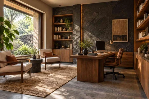 AI-generated home office concept: home library office, deccan stone direction
