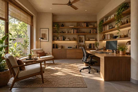 AI-generated home office concept: home library office, earth and bamboo direction