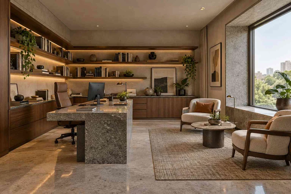 AI-generated home office concept: home library office, granite precision direction